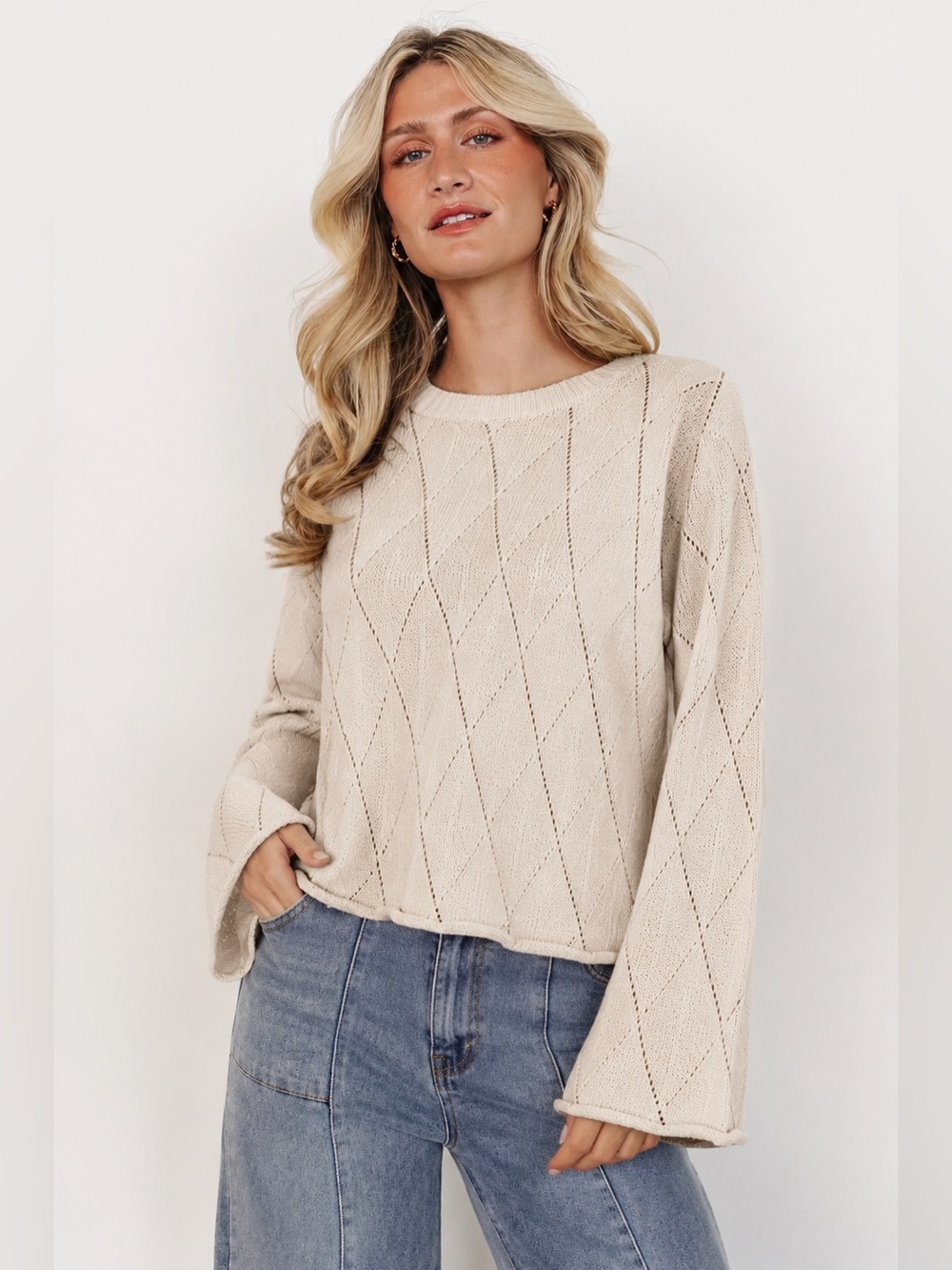 Baltic Born Diamond Open Knit Bell Sleeve Sweater Cream Women Size M